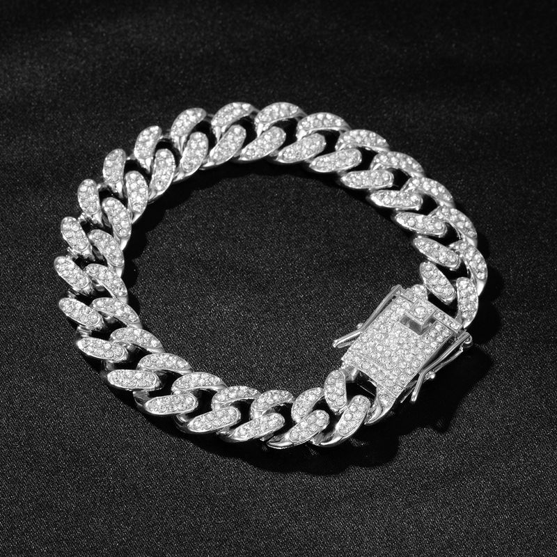 Bracciale a catena cubana con maglie cubane a griffe, stile hip hop, da uomo e da donna, con 2 file di strass, da 13 mm, ghiacciato, con pavé di Miami e rombi._voghion.com