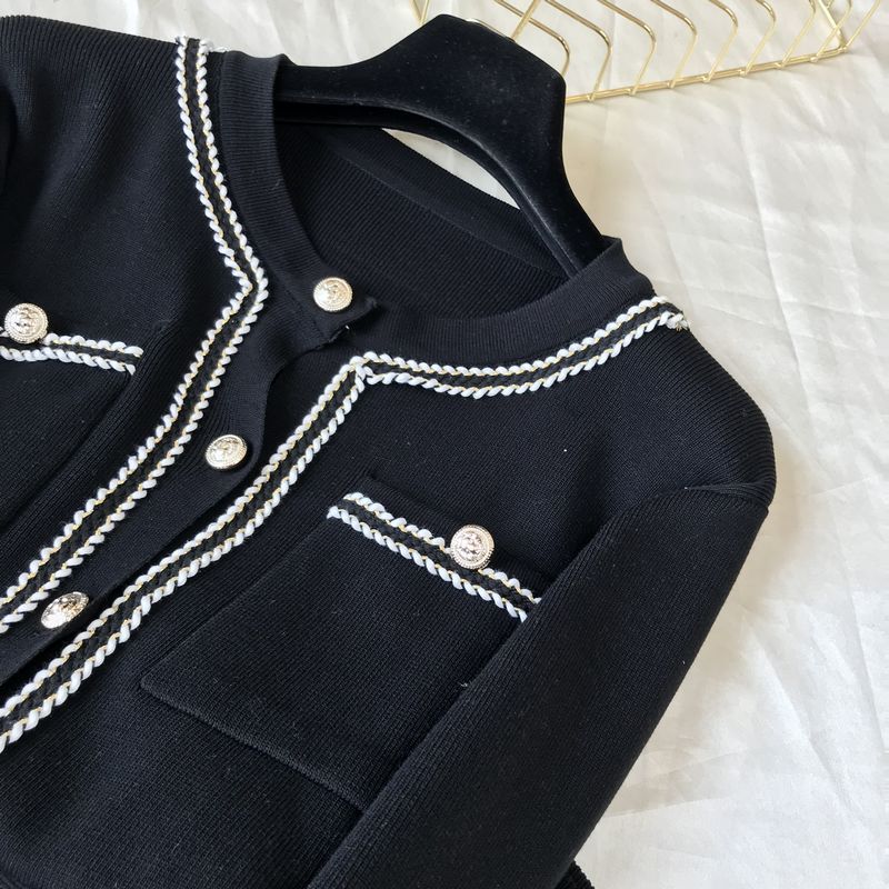 Kadın moda yuvarlak boyun örme hırka üst geniş bacak pantolon iki parçalı set_voghion.com