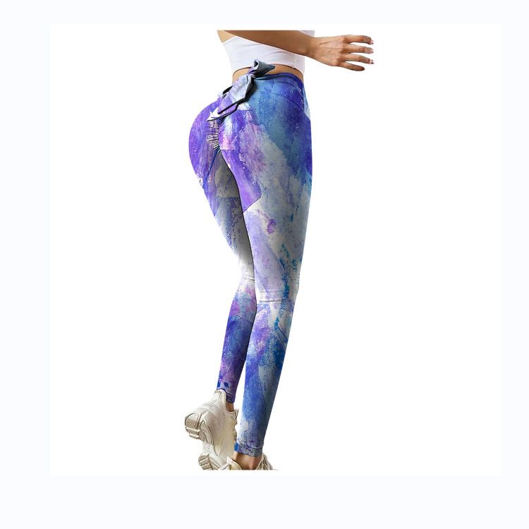 Pantaloni da yoga da yoga da donna con stampa multicolore antirughe sull'anca, dimagranti a vita alta, con fiocco elasticizzato_voghion.com