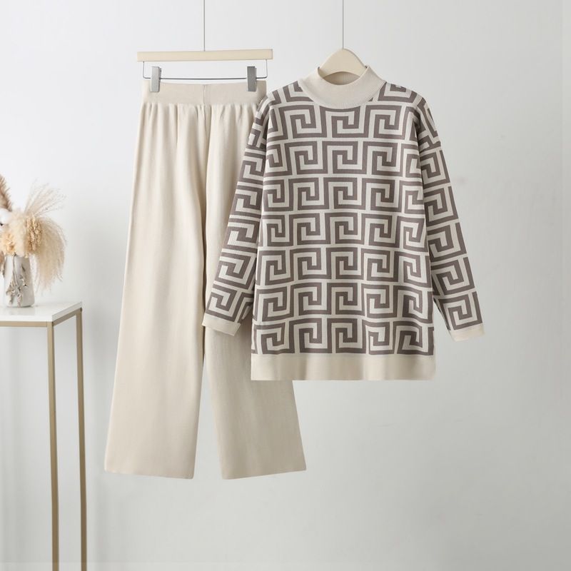 Damenbekleidung: Langärmliger Stehkragen, lockerer Jacquard-Strickpullover, zweiteiliges Set, hoch taillierte, schlankmachende, gerade Hose mit weitem Bein_voghion.com