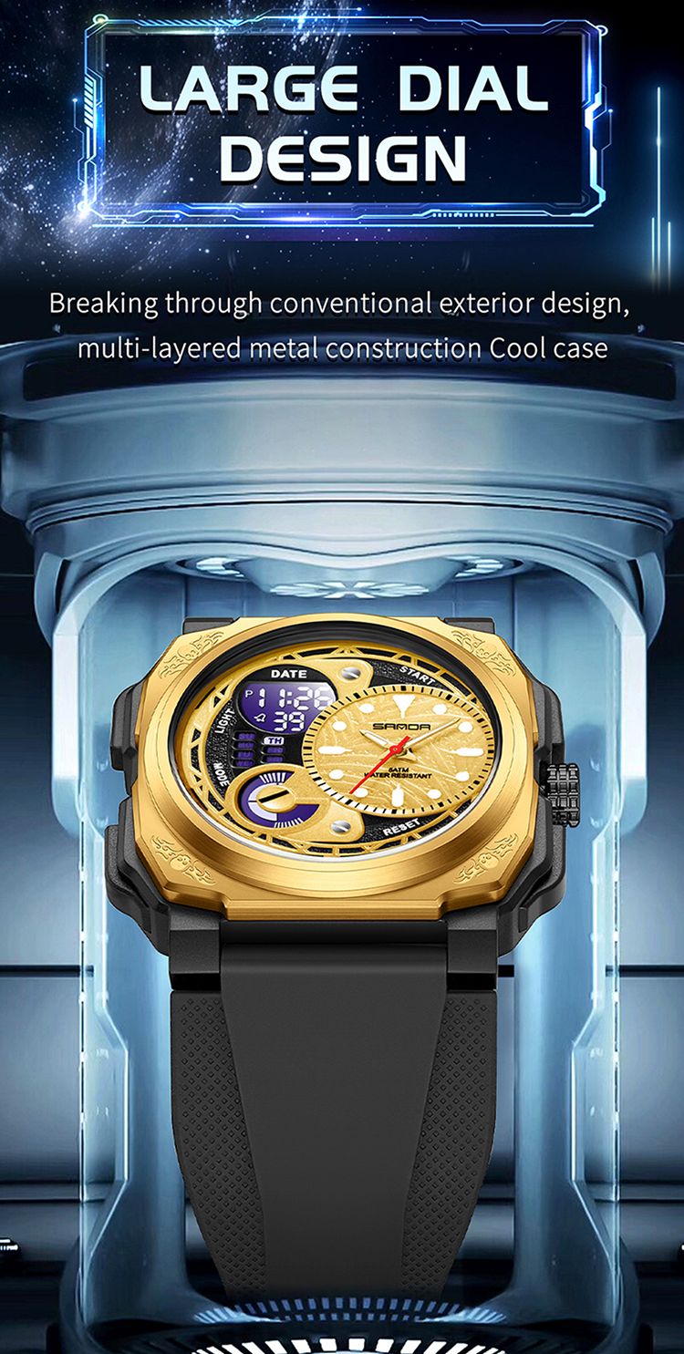 Nuovo orologio sportivo quadrato da uomo, orologio da esterno LED elettronico con cronometro, sveglia, doppio display, orologio al quarzo multifunzione da uomo_voghion.com