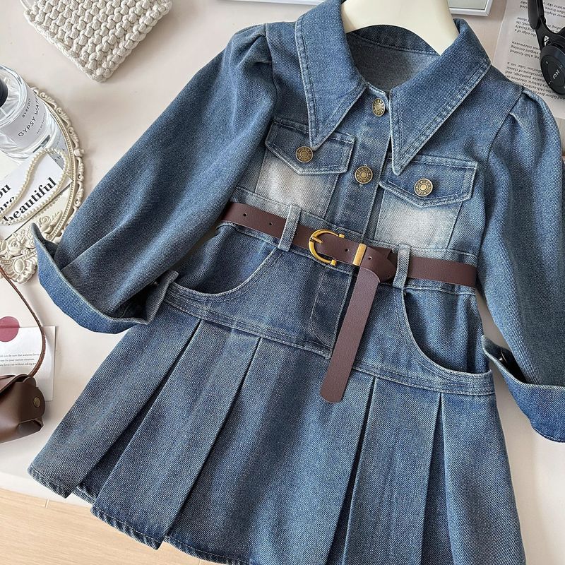 Kid's Clothing New Style Little Girl Fashion Denim Dress Long Sleeve Spring And Autumn Lapel Waist Denim Skirt Trend_voghion.com