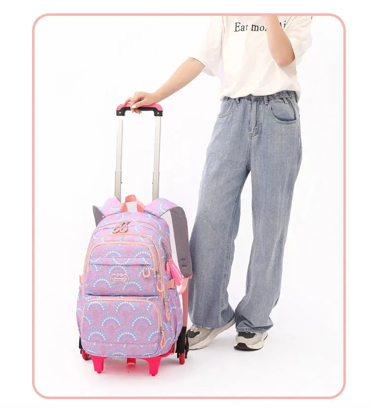 Rullväskor för flickor Ryggsäck Barn Vattentäta ryggsäckar med hjul Middle School Trolley Lage Back Pack 240314_voghion.com