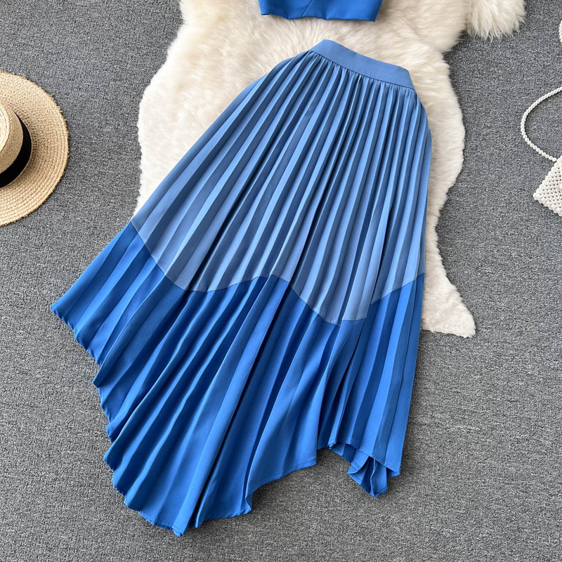 Women's Summer Contrasting Color Tube Top, Irregular Pleated Skirt, Trendy_voghion.com