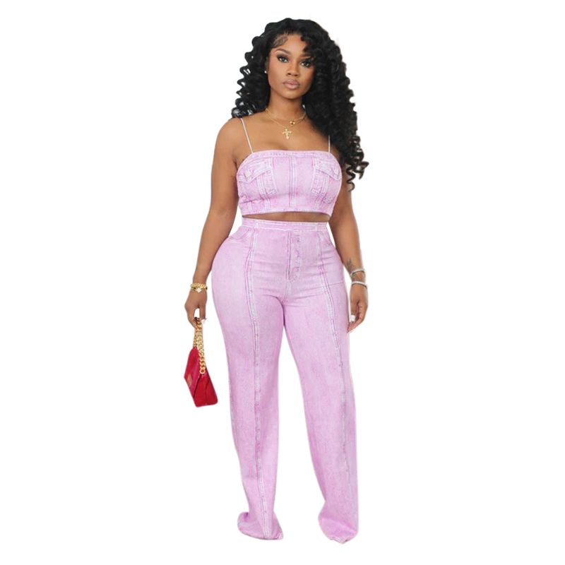 Conjunto de top corto sin mangas y pantalón acampanado: conjunto estampado de dos piezas para mujer_voghion.com