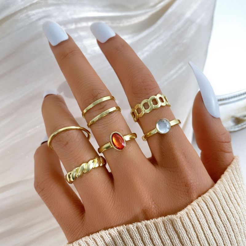 2025 Fashion Style Women's Crystal and Gemstone Ring Set, Retro Fashion Gold Silver Resin Ring, Geometric Design_voghion.com