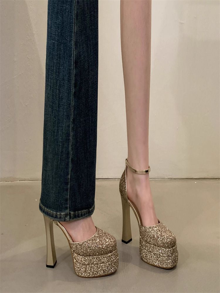 Gold High Heels 2025 Frühling Sommer Neue Mode Doppelte wasserdichte Plattform Dicke Unterseite High Heels Tragen Sie bequeme lässige tägliche leichte_voghion.com