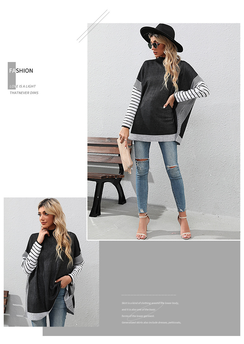 Langärmliger gestreifter Halbrollkragenpullover für Damen_voghion.com