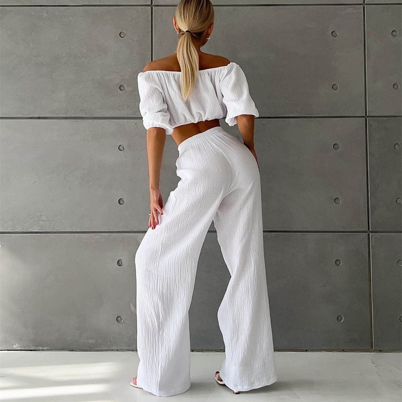 Damen-Knitterstoff aus reiner Baumwolle, einfarbig, kurzärmliges Oberteil mit Kragen, Hose mit hoher Taille und weitem Bein, lässiger Anzug_voghion.com