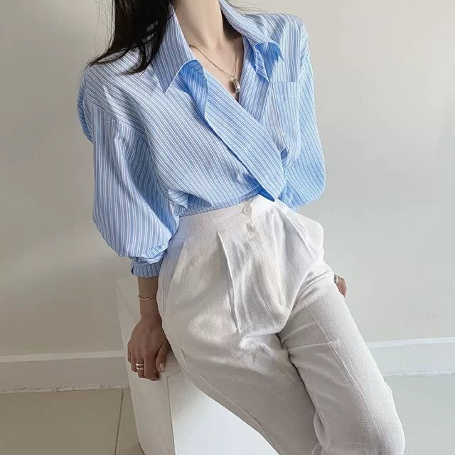 2024 Spring and Autumn New Korean Chic Gentle Striped White Collar Single breasted Loose Casual Long Sleeve Shirt_voghion.com