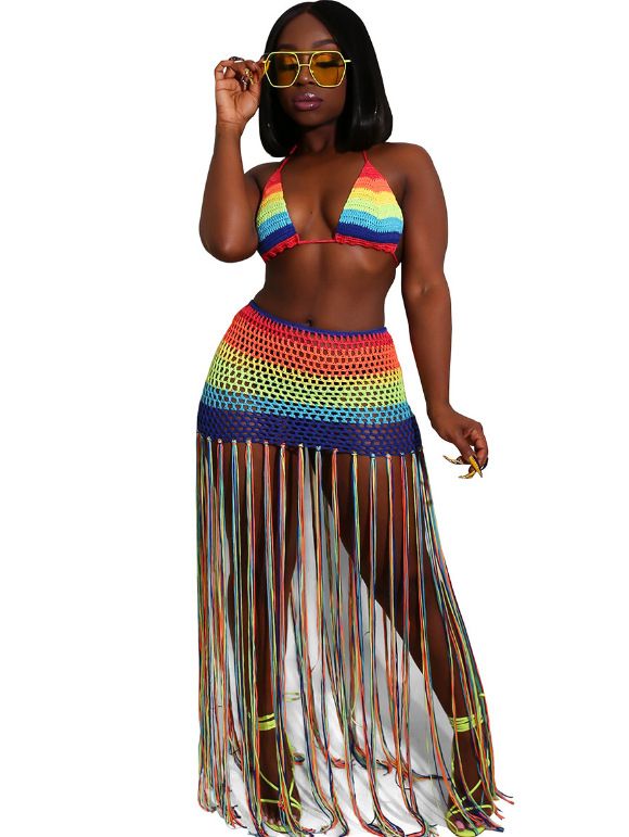 Maillot de bain sexy à franges pour femmes, couleur arc-en-ciel, fendu, ajouré, pour la plage_voghion.com