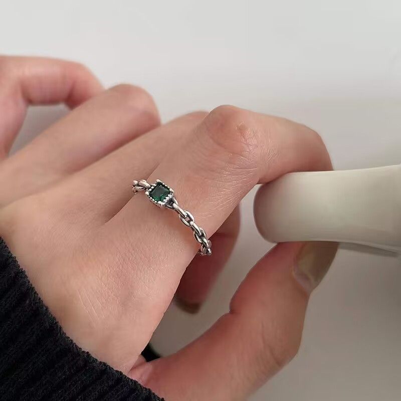 MilkyWay Smaragdgrüner dünner versilberter Zirkonia-Ring im koreanischen und japanischen Stil_voghion.com
