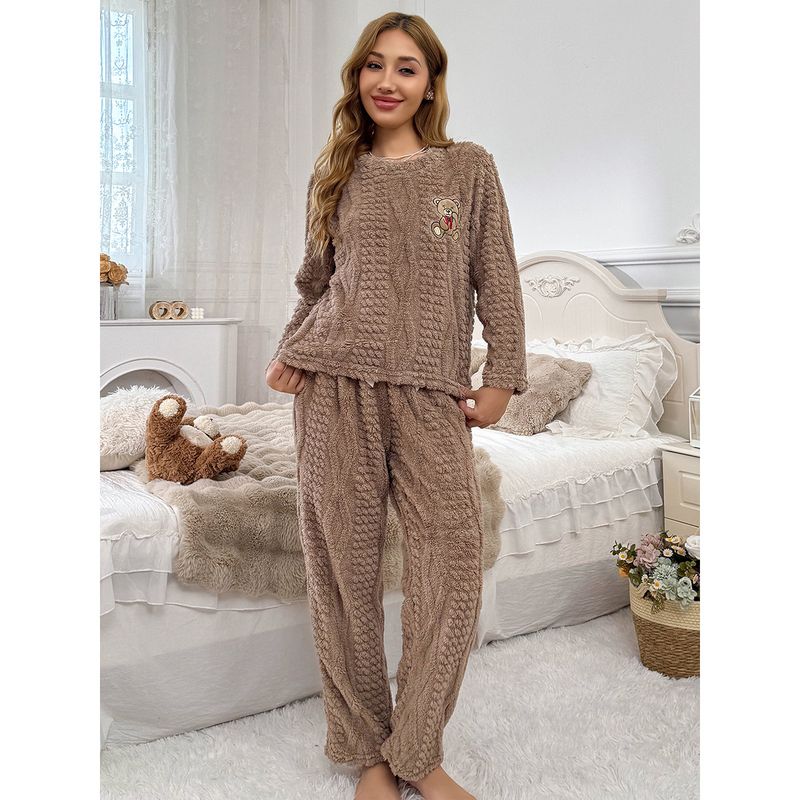 Gemütliches Winter-Pyjama-Set aus Fleece mit Bären-Print für Damen – Nachtwäsche aus weichem Korallenfleece mit langen Ärmeln, Lounge-Outfit für Zuhause (Braun, S/M/L/XL)_voghion.com