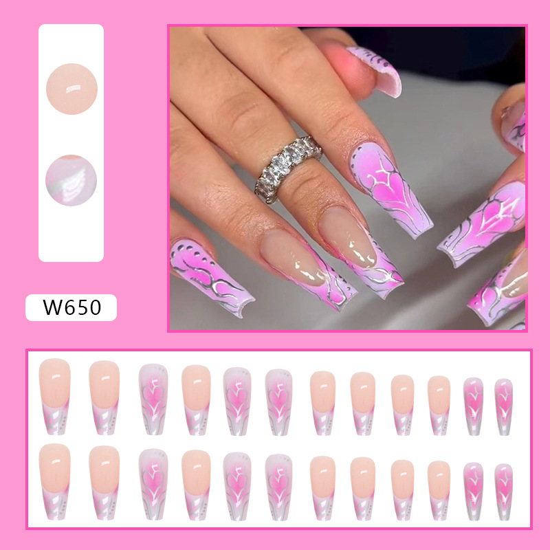 Balletto Lungo 24 Pezzi Unghie Finte Unghie Finte Lunghe Francesi Con Disegni Di Cuore Indossabile Bara Press On Nails Full Co_voghion.com