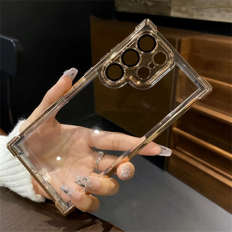 6D-plätering Transparent telefonfodral för Samsung Galaxy S24 Ultra S23 S22 Plus Elektropläterad linsfilm Luftkuddebumper_voghion.com