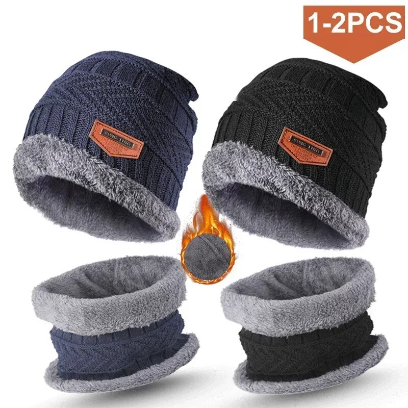 Gestrickte Wintermütze für Herren, dicker Fleece-Kragen, Schal, Sturmhaube, Mundmaske für Herren_voghion.com