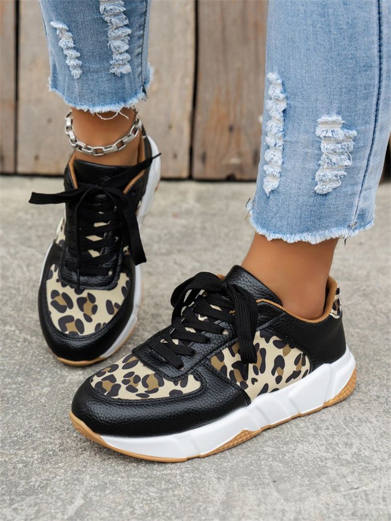 Big size new spliced lace-up sneakers low top leopard print sports casual shoes for women_voghion.com