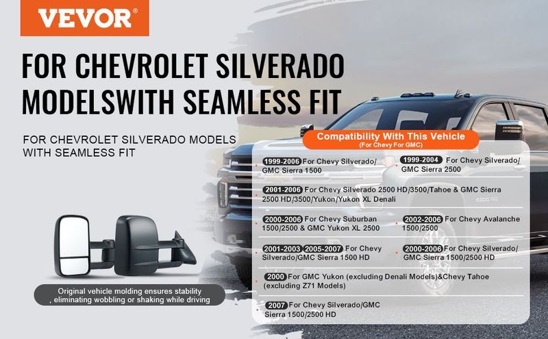 VEVOR Towing Mirrors, Left & Right Pair Set For Chevrolet Silverado (1999-2007)/GMC/Cadillac, Tow Mirror With Plane & Convex Glass, Manual Controlling Telescoping Folding, Four-Way Adjustable, Black_voghion.com