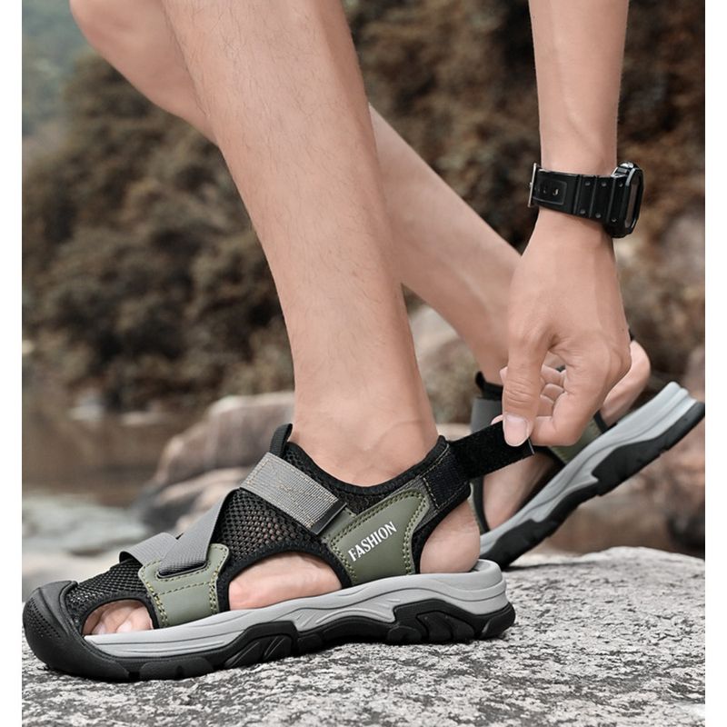 2024 Summer Men's Large Size Sandals Outdoor Beach Shoes Velcro Toe Sandals Head Layer Leather Breathable Casual Shoes_voghion.com