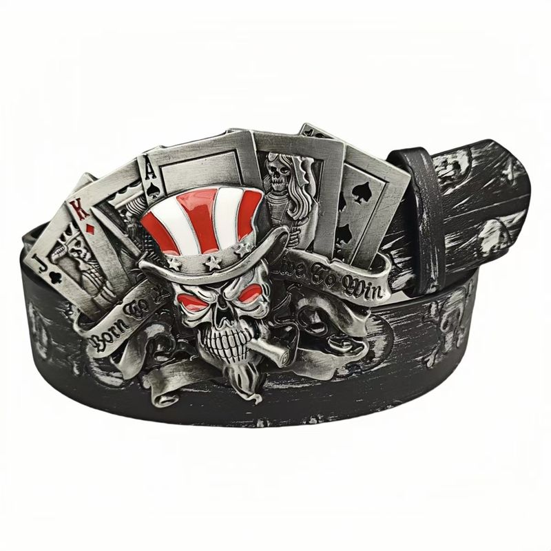 Cintura alla moda per giovani con fibbia in lega d'argento e teschio in rilievo, fibbia per carte da gioco_voghion.com