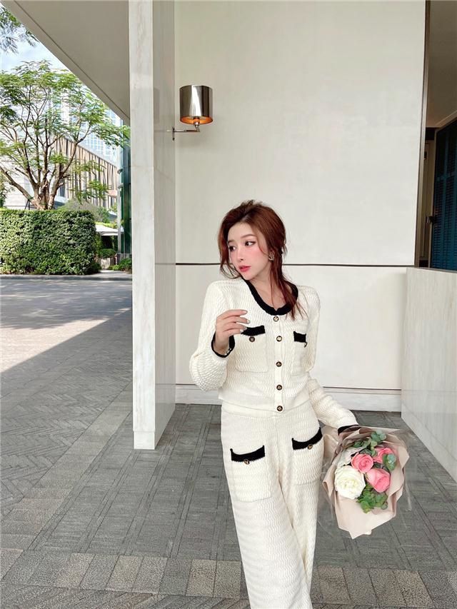 Leichter Luxus für Damen, faules Temperament, kleiner Duftanzug, hochwertige Strickjacke, zweiteiliges Set mit hoch taillierten Hosen mit weitem Bein_voghion.com