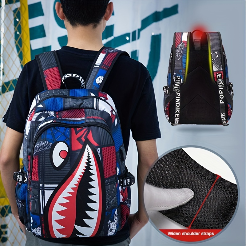 Mochila con patrón de tiburón, bolso escolar de nailon de moda para estudiantes, mochila de viaje ligera con puerto de carga USB_voghion.com