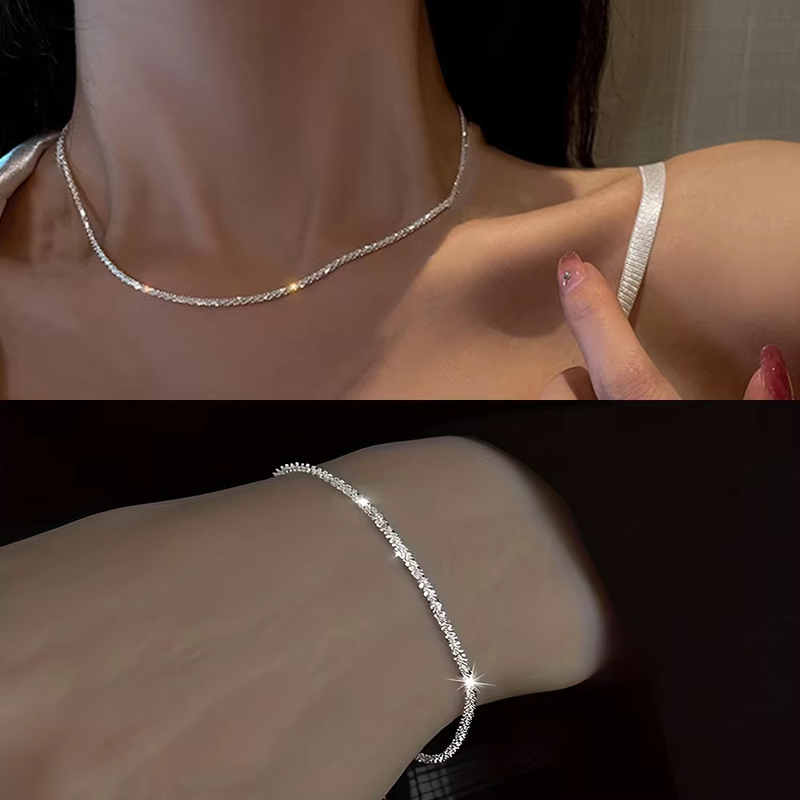 Set di gioielli con collana e bracciale a catena per clavicola placcati in argento lucido, accessori minimalisti da donna con cielo stellato_voghion.com