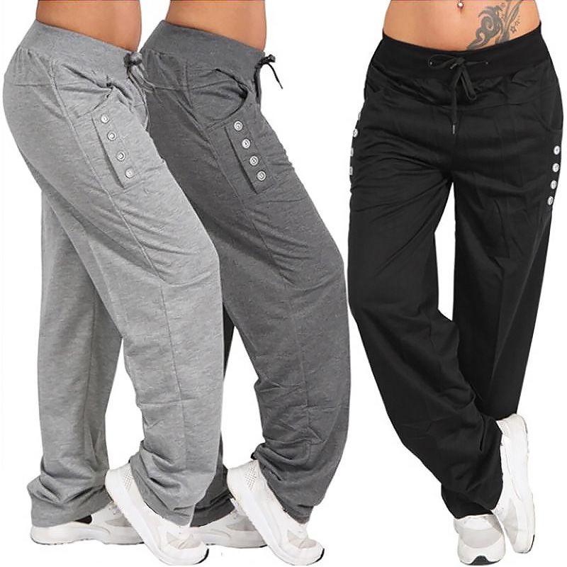 Pantalones deportivos de talla grande para mujer, de color sólido, con cordón, largos, informales, holgados, con cintura elástica, pantalones activos, pierna ancha_voghion.com