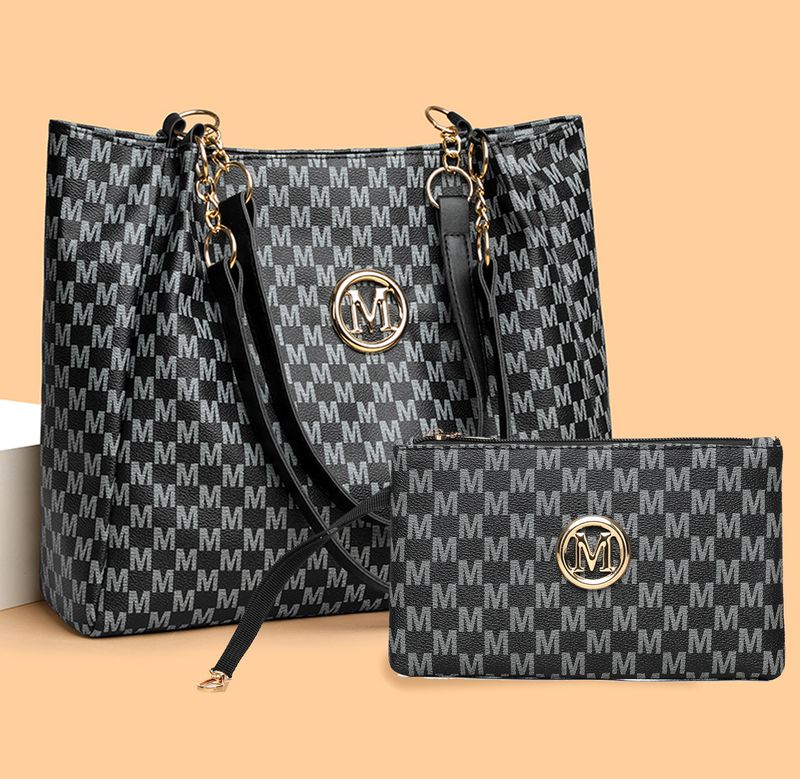 Stylish M-Print Tote & Clutch Bag Set With Chain Strap - Versatile PU Handbag Combo For Women (Black/Brown/White)_voghion.com