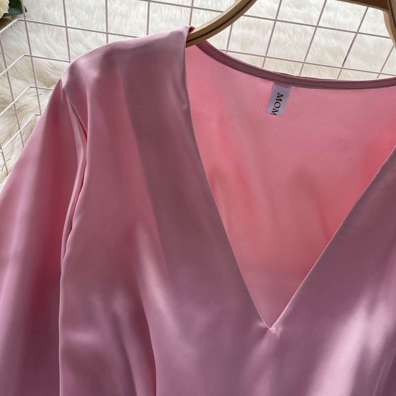 Ženska oblačila, pomlad in jesen, nov metuljček z V-izrezom, ohlapna satenasta srajca z napihnjenimi rokavi, ženski kratki top_voghion.com