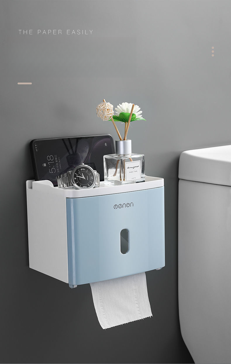 Bathroom Wall-Mounted Waterproof No-Drill Tissue Box Toilet Paper Roll Holder Storage Rack_voghion.com