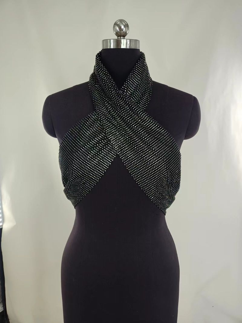 Sexy rhinestone inset diamond cloth hanging neck wrap chest top stitching skirt suit_voghion.com