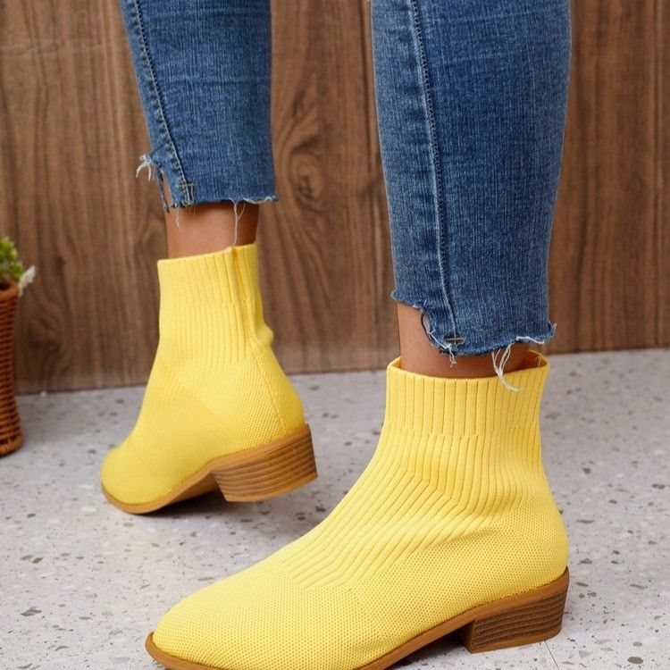 Women's Shoes Flying Woven Pointed Short Barrel Martin Boots Women's Sleeve Thick Heel Medium Heel Breathable Socks Boots_voghion.com