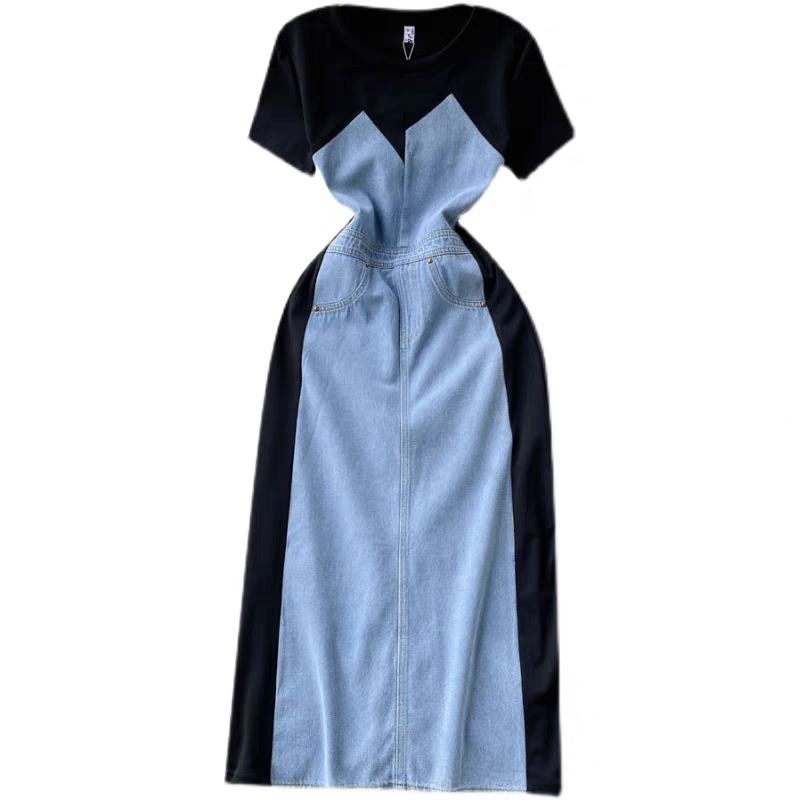 Abito estivo in denim patchwork con vita alta, stile fresco e di alta qualità, da donna, con gonna a vita media, unico e bellissimo._voghion.com