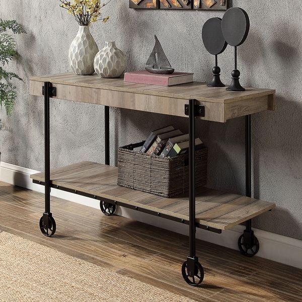 Industrial Style 1pc Sofa Table Natural Tone Slat Design Console Table Open Bottom Shelf Living Room Furniture_voghion.com