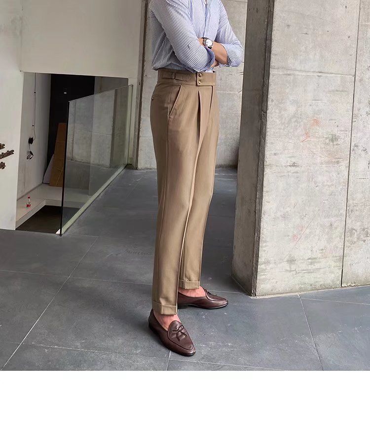 Herrenbekleidung Einfarbige Neun-Punkt-Hose mit hoher Taille Temperament Lässige Business-Hose mit italienischen Pariser Knöpfen Herrentrend_voghion.com