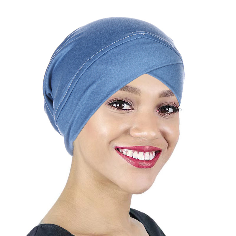 Women's Hats new style multi-color solid color cross headscarf hat women's bottom hat Muslim headscarf hat_voghion.com