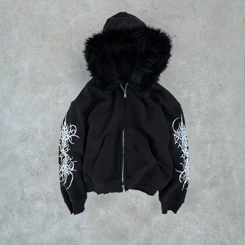 Edgy Print Hooded Cardigan – Oversized Zip-Up Streetwear (Black/White, S-XXXL)_voghion.com