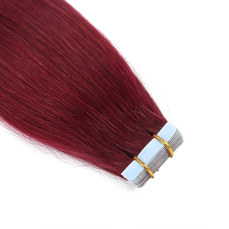 Bordeauxrøde Tape-in Hair Extensions til Kvinder, Glat Remy Ægte Hår, Glat Hair Extensions, Vinrøde Hair Extensions_voghion.com