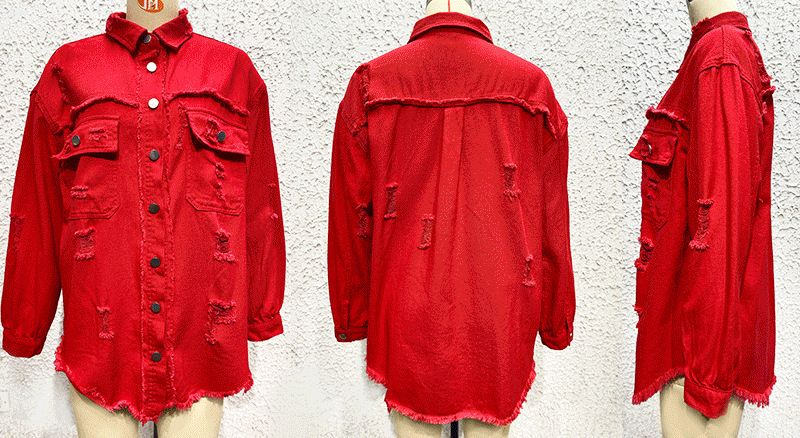 Women's medium denim jacket with ripped fur edge long sleeve casual lapel top_voghion.com