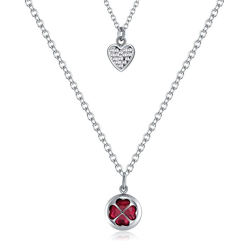 Collana con ciondolo a forma di quadrifoglio con diamanti intarsiati e cristalli per la festa della mamma, elegante e alla moda, con catena a doppio strato per clavicola._voghion.com