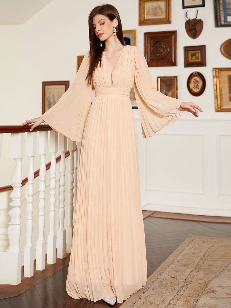 Robe de soirée longue élégante à col en V pour femme - Robe trapèze longue au sol avec volants, décolleté en V profond et manches longues pour banquet ou bal de fin d'année_voghion.com