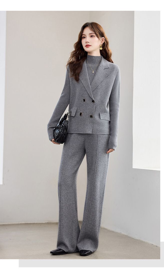 High-End Suit For Women 2025 Autumn New Professional Elegant Double-Breasted Knitted Vest Wide-Leg Pants Three-Piece Set_voghion.com