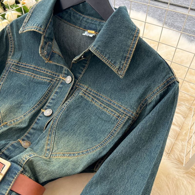 Abito midi a trapezio con cintura in vita, a maniche lunghe, in denim, stile retrò francese, da donna, vestibilità slim, con colletto a revers_voghion.com