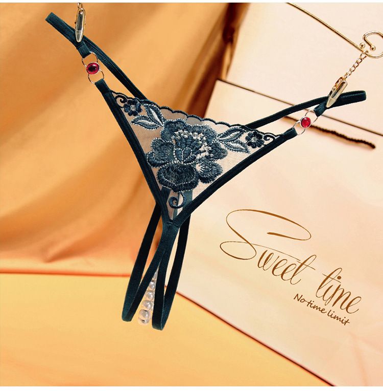 Svart stil förföriska diamantaccessoarer stringtrosa kvinnors genomskinliga broderade pärlor öppen gren gratis sexiga underkläder 2270_voghion.com