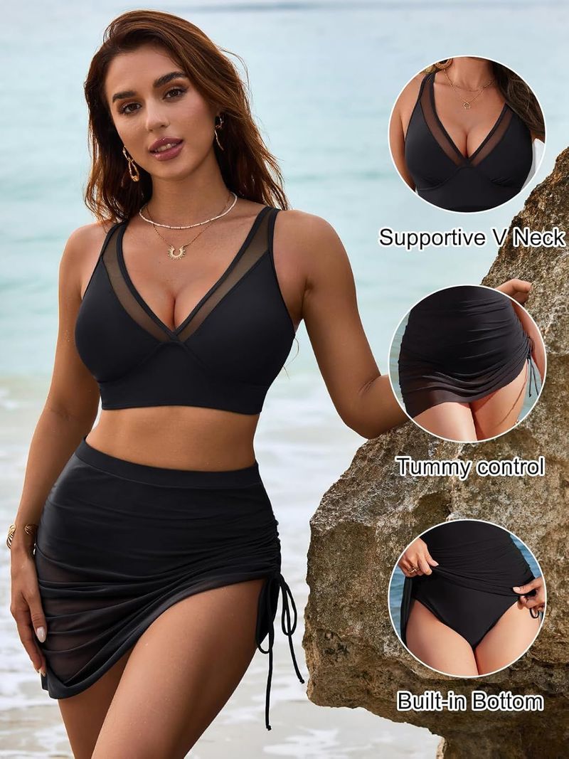 Maillot de bain une pièce sexy à bretelles et décolleté en V profond pour femme, épissure en maille, cordon de serrage latéral, dessous de verre amovible, maille fine_voghion.com