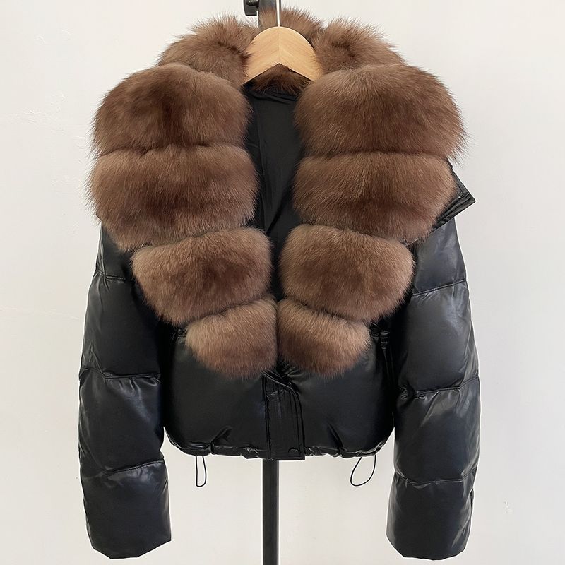Damenmode Pufferjacke mit Fuchspelzkapuze, übergroßer kurzer Wintermantel, S/M, Schwarz/Weinrot/Grau/Khaki/Grün_voghion.com