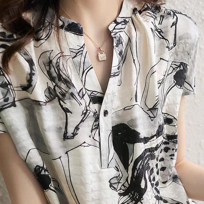 2024 Primavera/Estate Nuova Camicia da Donna con Collo Alto Stampato in Raso a Maniche Corte, Sottile e alla Moda, Look Sottile Top_voghion.com