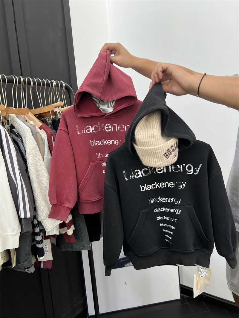 Boys And Girls American Vintage Letter Hooded Sweatshirt, Children's Trendy Cool Autumn Style Sand Washed White Pullover_voghion.com