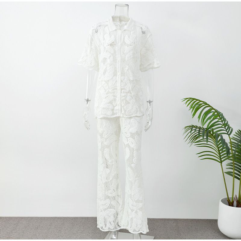 Damenbekleidung Mode Revers Hohl Kurzarm Top und Hose Anzug Elegant Häkeln Gestrickt Casual Anzug_voghion.com